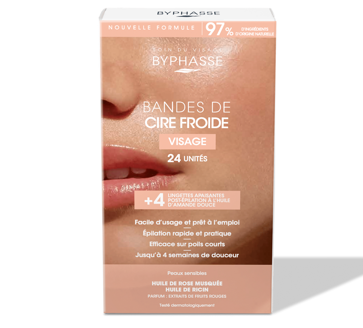 Byphasse BANDES DE CIRE FROIDE (24 BANDES + 4 LINGETTES) VISAGE & ZONES DÉLICATES PEAUX SENSIBLES