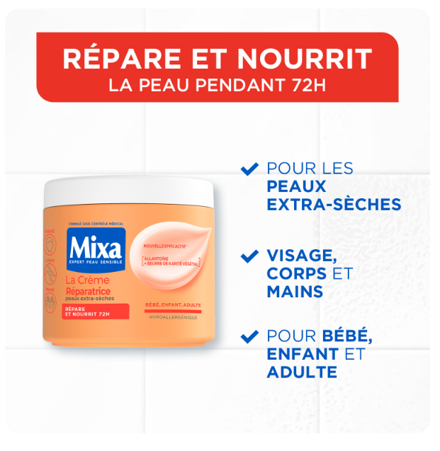 Mixa Crème Visage Corps Mains Hydratante Réparatrice 72h pour Peaux Extra-Sèches Hypoallergénique Beurre de Karité 400ML
